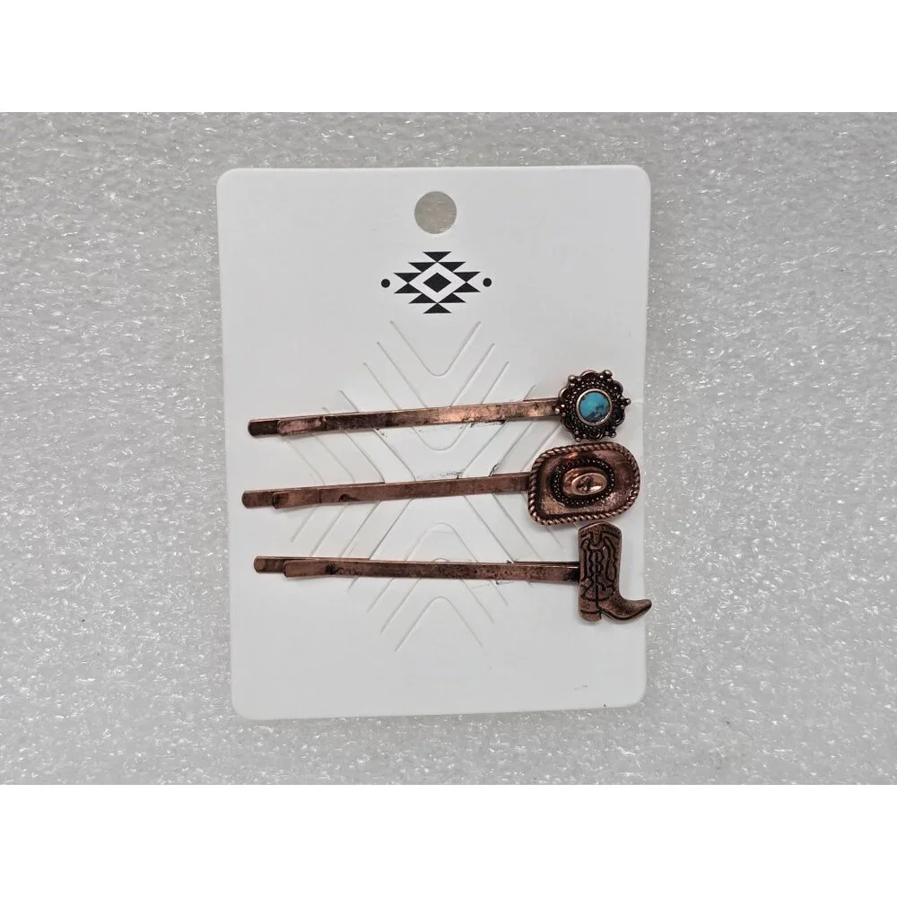 Western Copper Tone Hair Pins Faux Turquoise & Cowboy Boot Design Set Of 3